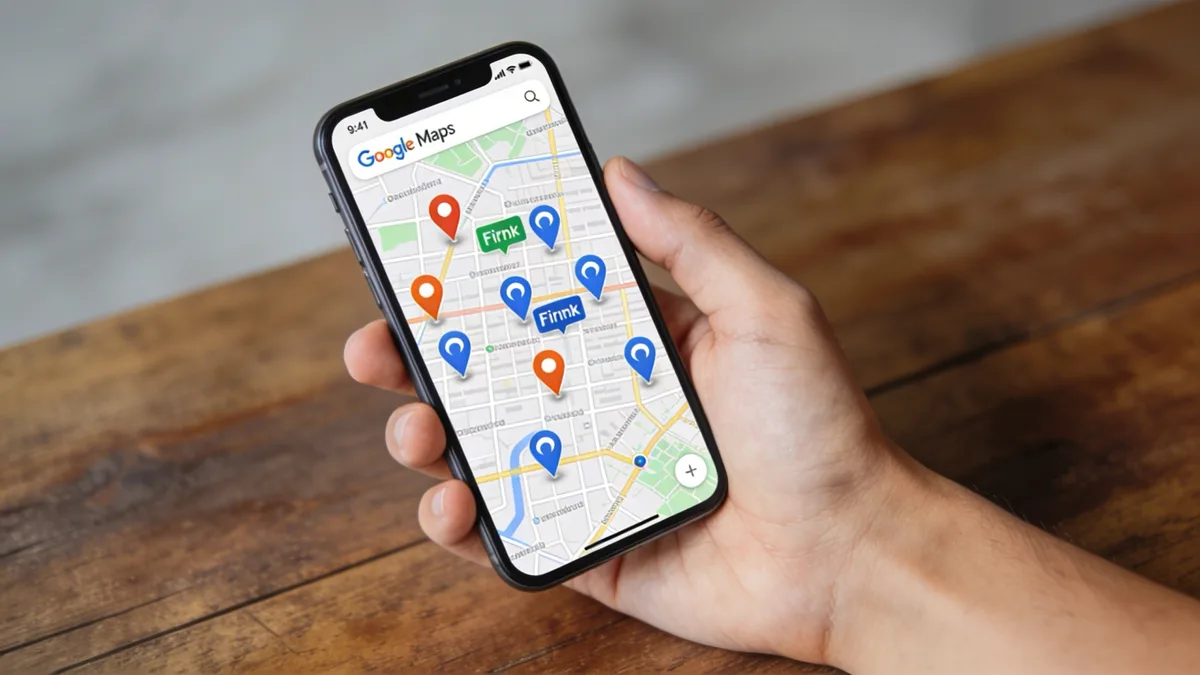 Smartfón s Google Maps a pinmi lokálnych firiem